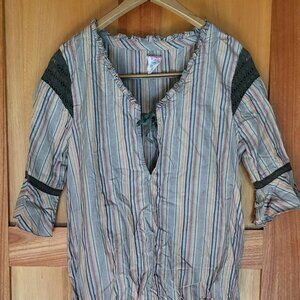 Free People 100% Cotton and Crochet Striped Peasant Blouse Sz 4
